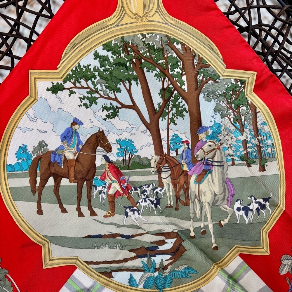 GUCCI Vintage Silk Scarf 34” Red Equestrian Hunting Print Italy - Picture 9 of 16